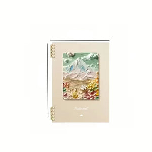 Notebook with mountain and floral design on cover, shown with dimensions.
