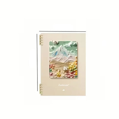 Notebook with mountain and floral design on cover, shown with dimensions.