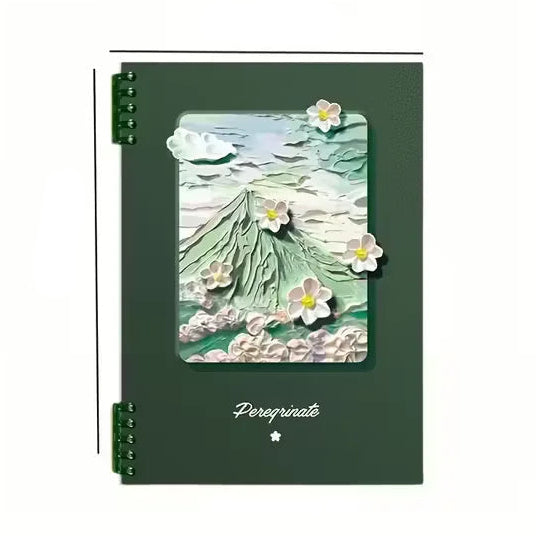 Green notebook with floral design and dimensions on a white background