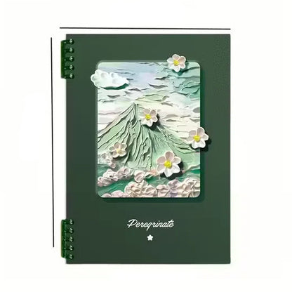 Green notebook with floral design and dimensions on a white background