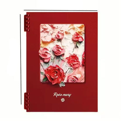 Red notebook with floral design on the cover, showing dimensions on a white background