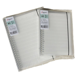 Clear plastic file folder with labels on a white background