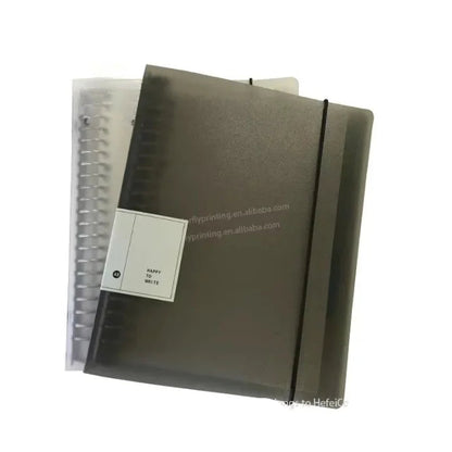 Gray notebook with a clear plastic cover on a white background