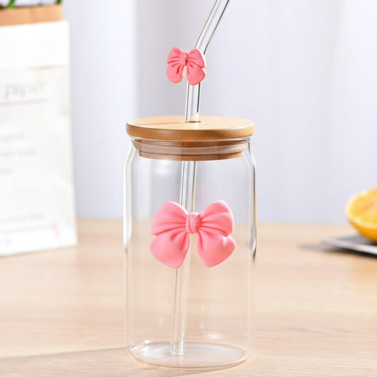 Bow Mounted Glass Cup with Bamboo Lid and Straw