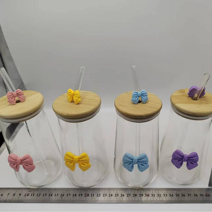 Bow Mounted Glass Cup with Bamboo Lid and Straw