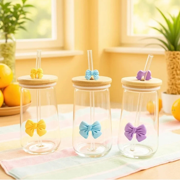 Three glass jars with colorful bow-shaped stoppers on a table with a window and plants in the background.