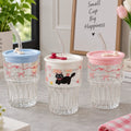 Bow Print Ribbed Glass Cup with Straw