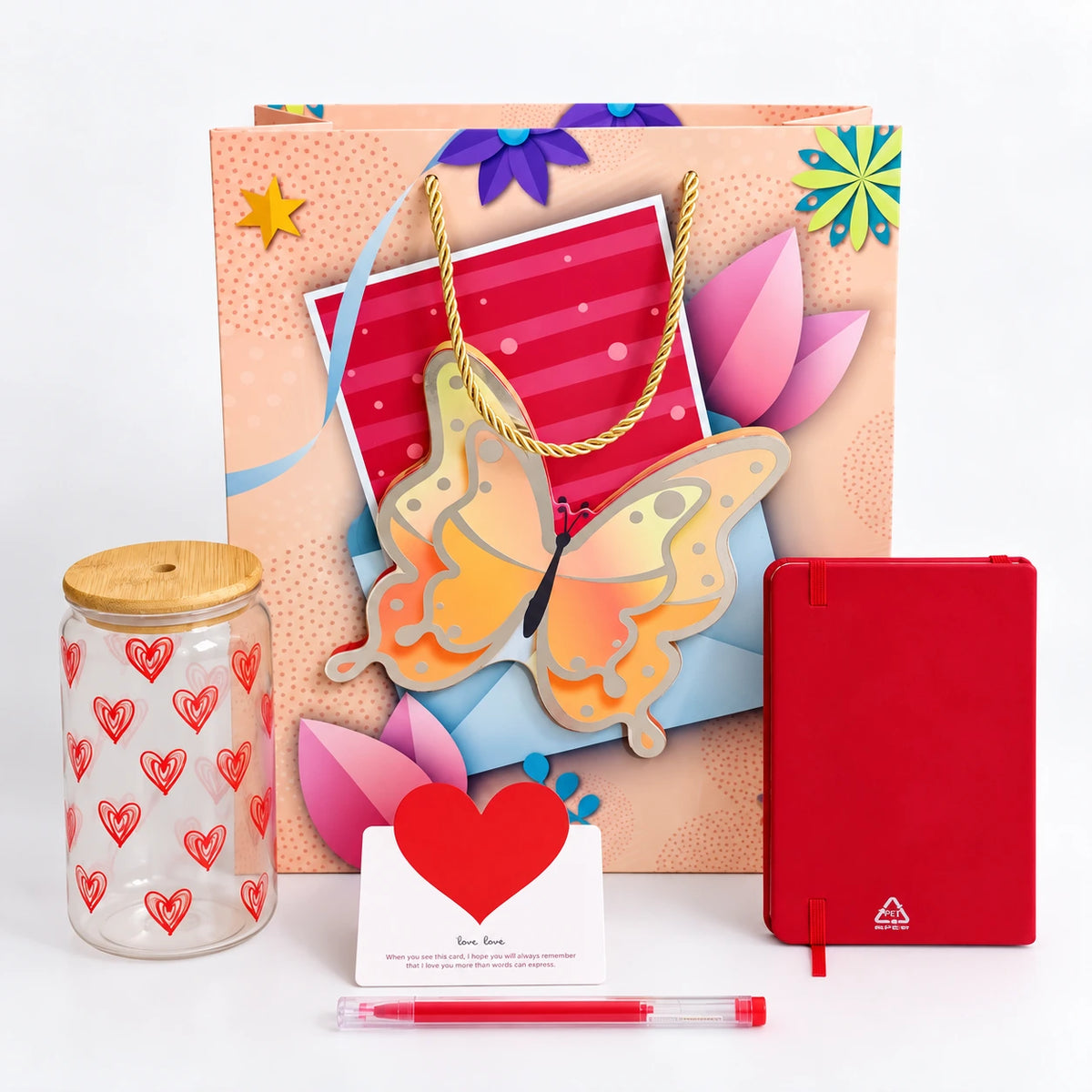 Butterfly Gift Set with Heart-Print Glass Cup