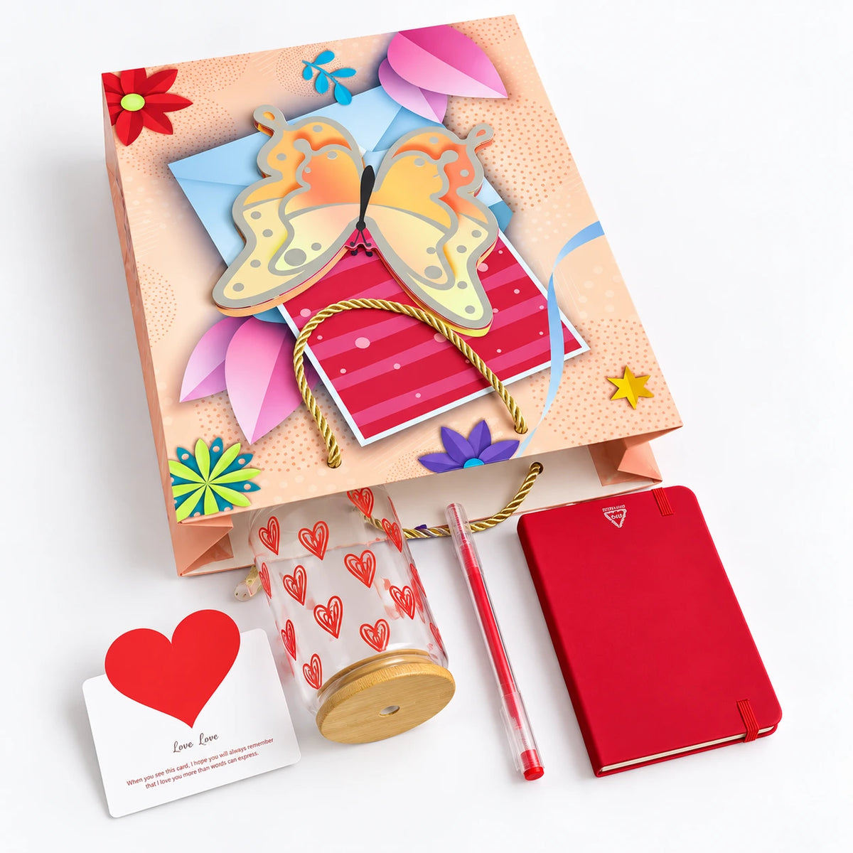 Butterfly Gift Set with Heart-Print Glass Cup