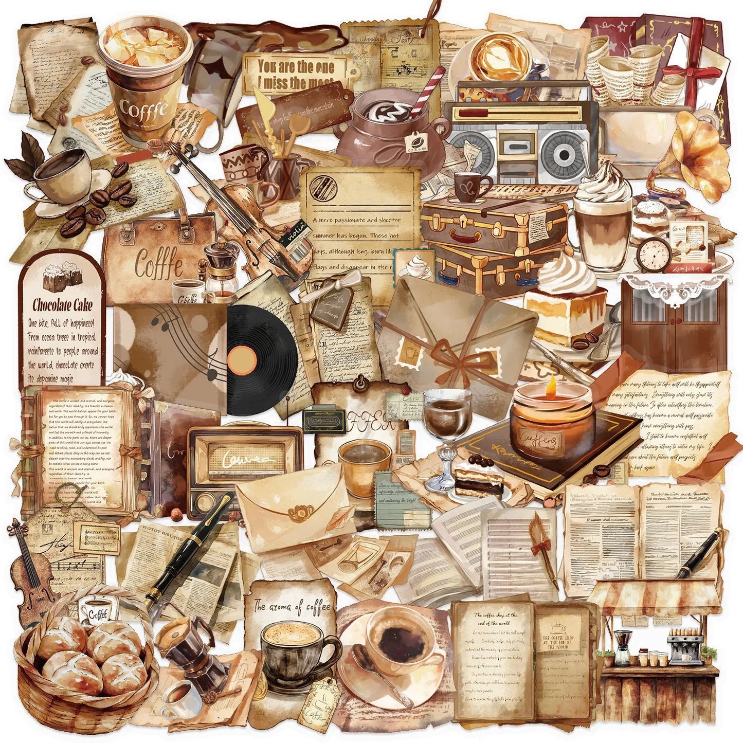 50 Retro Transparent Cafe Stickers pack