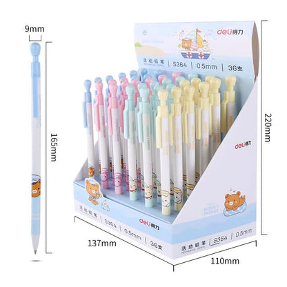 Display of cartoon-themed gel pens with dimensions indicated