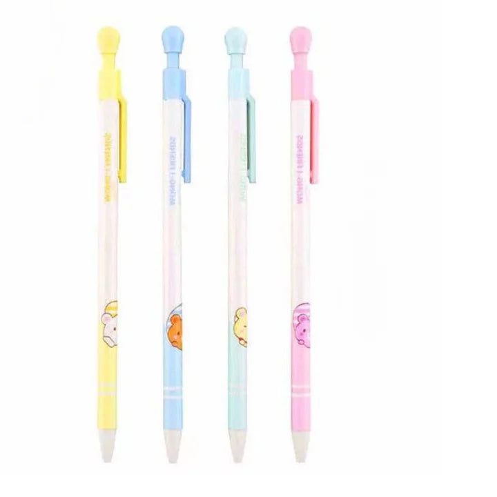 Set of four colorful pens with cartoon characters on a white background