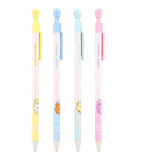 Set of four colorful pens with cartoon characters on a white background