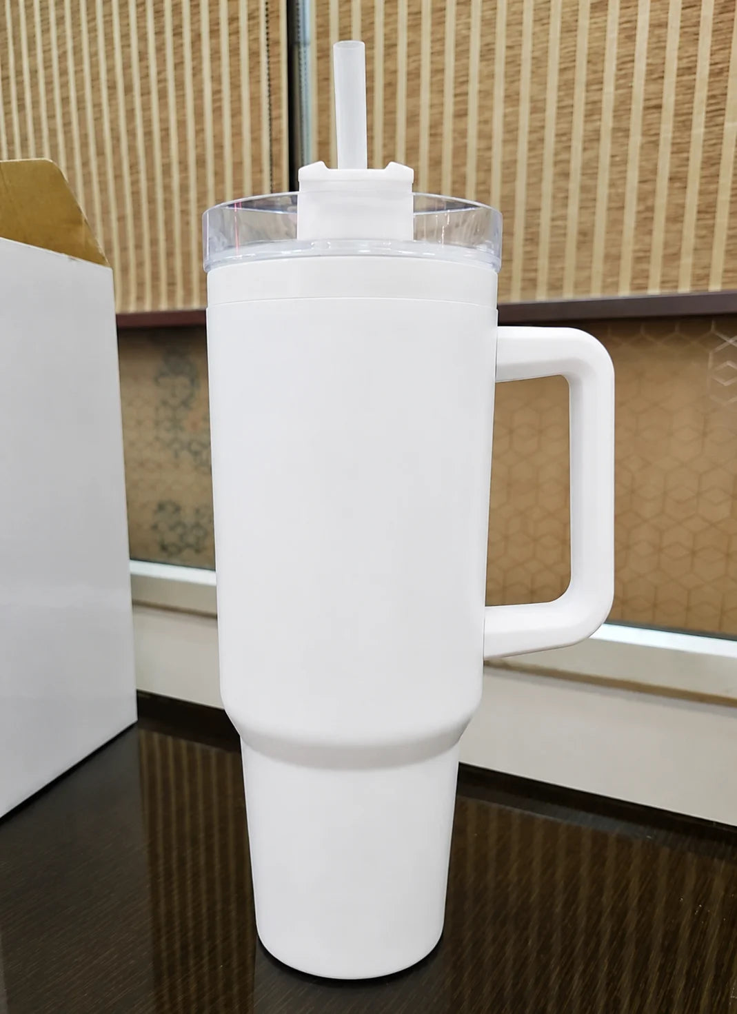 Classic White Insulated Travel Tumbler with Handle & Straw