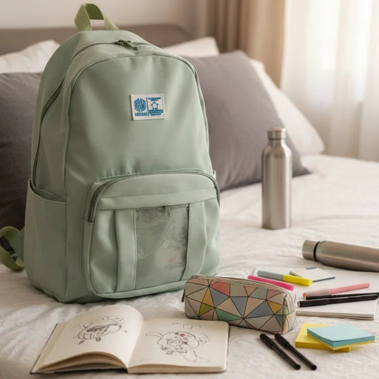 Light green backpack on a bed with stationery items
