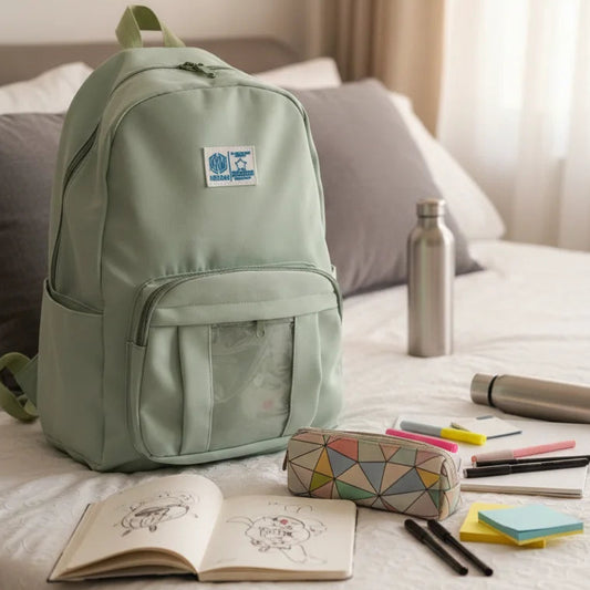 Light green backpack on a bed with stationery items