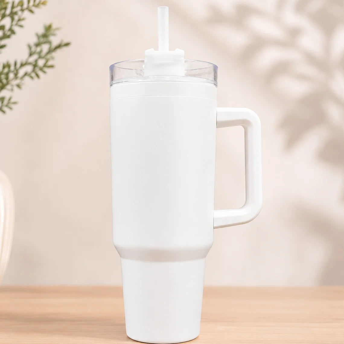 Classic White Insulated Travel Tumbler with Handle & Straw