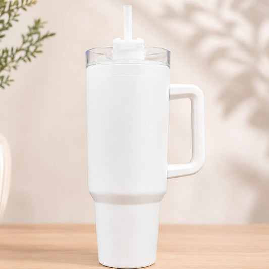 Classic White Insulated Travel Tumbler with Handle & Straw