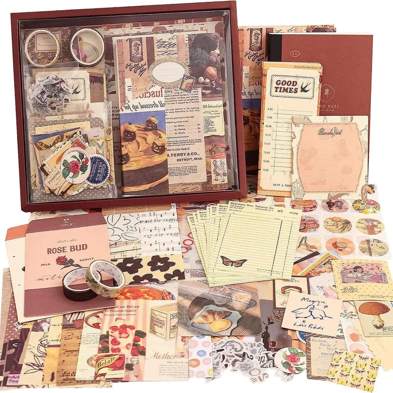 Collection of vintage-style stationery items including postcards, letters, and stickers on a white background.