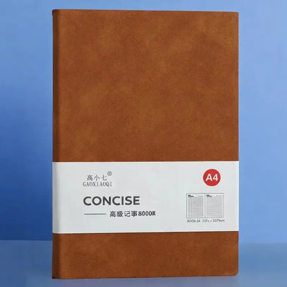 Brown notebook with a label on a blue background