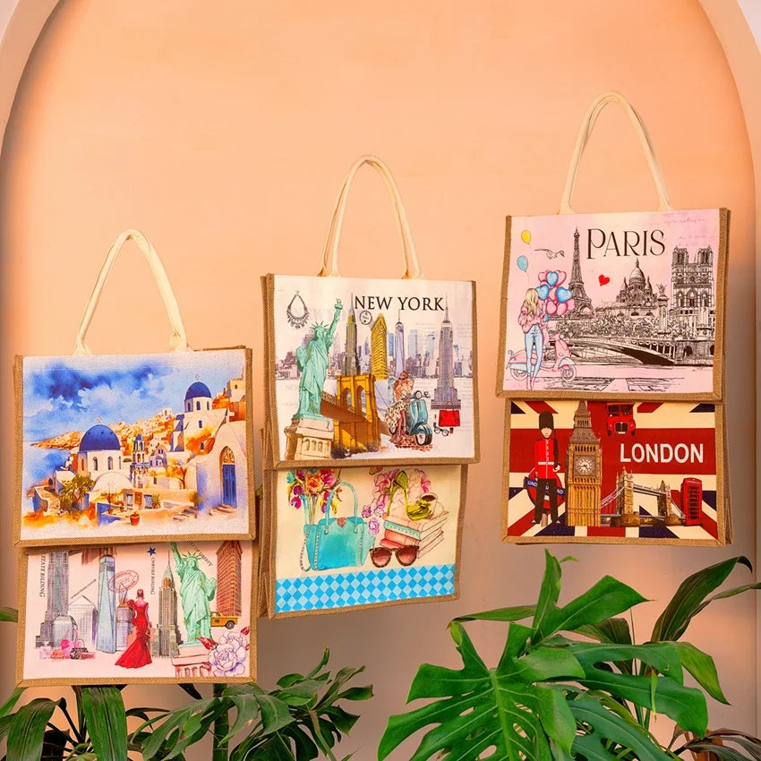 Cities of the World Jute Boxed Tote Bag