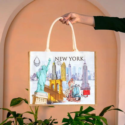 Cities of the World Jute Boxed Tote Bag
