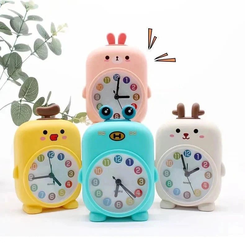 A set of colorful cartoon table clocks with animal faces, including a rabbit, chicken, and bear, displayed in a stacked arrangement.
