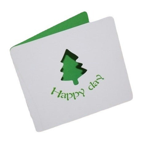 White card with green tree and 'Happy day' text on a white background