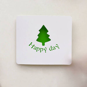 White card with green tree and 'Happy day' text on a beige background