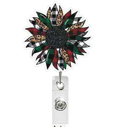 Two sunflower-themed badge holders on a white background