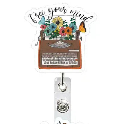 Decorative badge holder with floral design and text on a white background