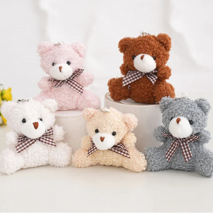 Cute Fluffy Bear Keychain with Checked Bow