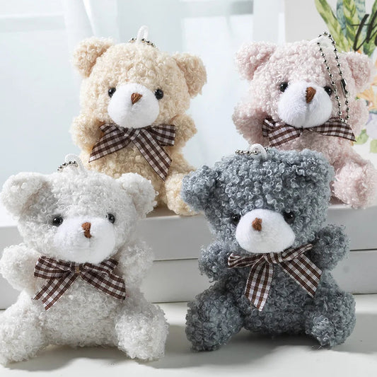Cute Fluffy Bear Keychain with Checked Bow