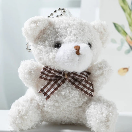 Cute Fluffy Bear Keychain with Checked Bow