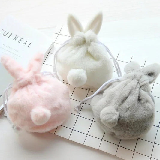 Cute Fluffy Bunny Plush Drawstring Pouch