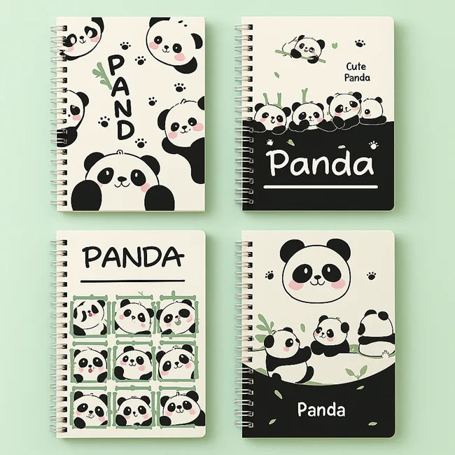 Four spiral-bound notebooks with panda designs on a light green background