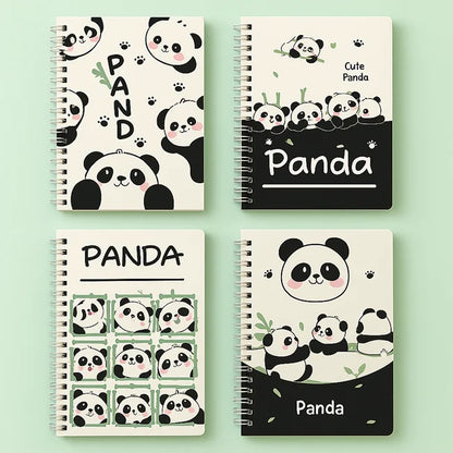 Four spiral-bound notebooks with panda designs on a light green background