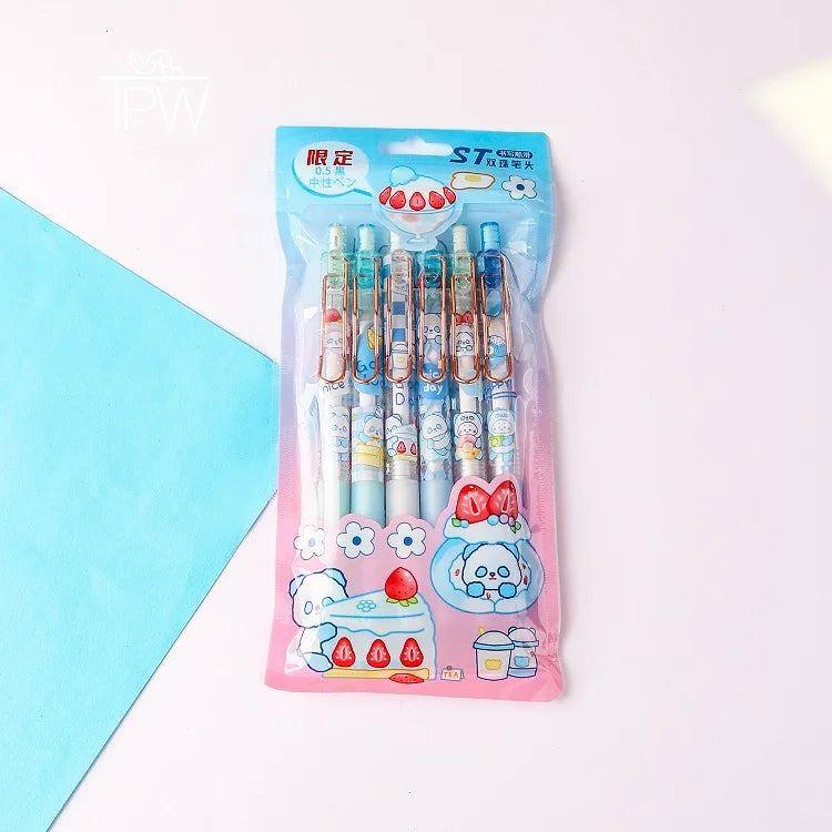 Cute Panda With Strawberry Press Gel Pen Set of 6