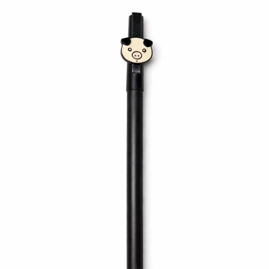 Black pen with a pig-shaped clip on a white background
