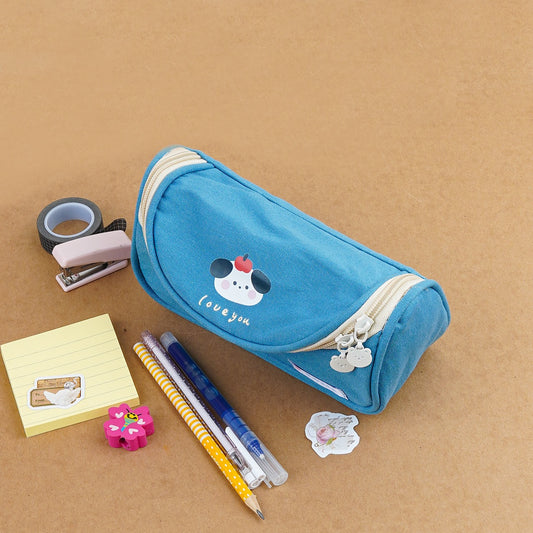 A collection of three pencil cases in blue, purple, and pink, each featuring a teddy bear design and equipped with a zipper.
