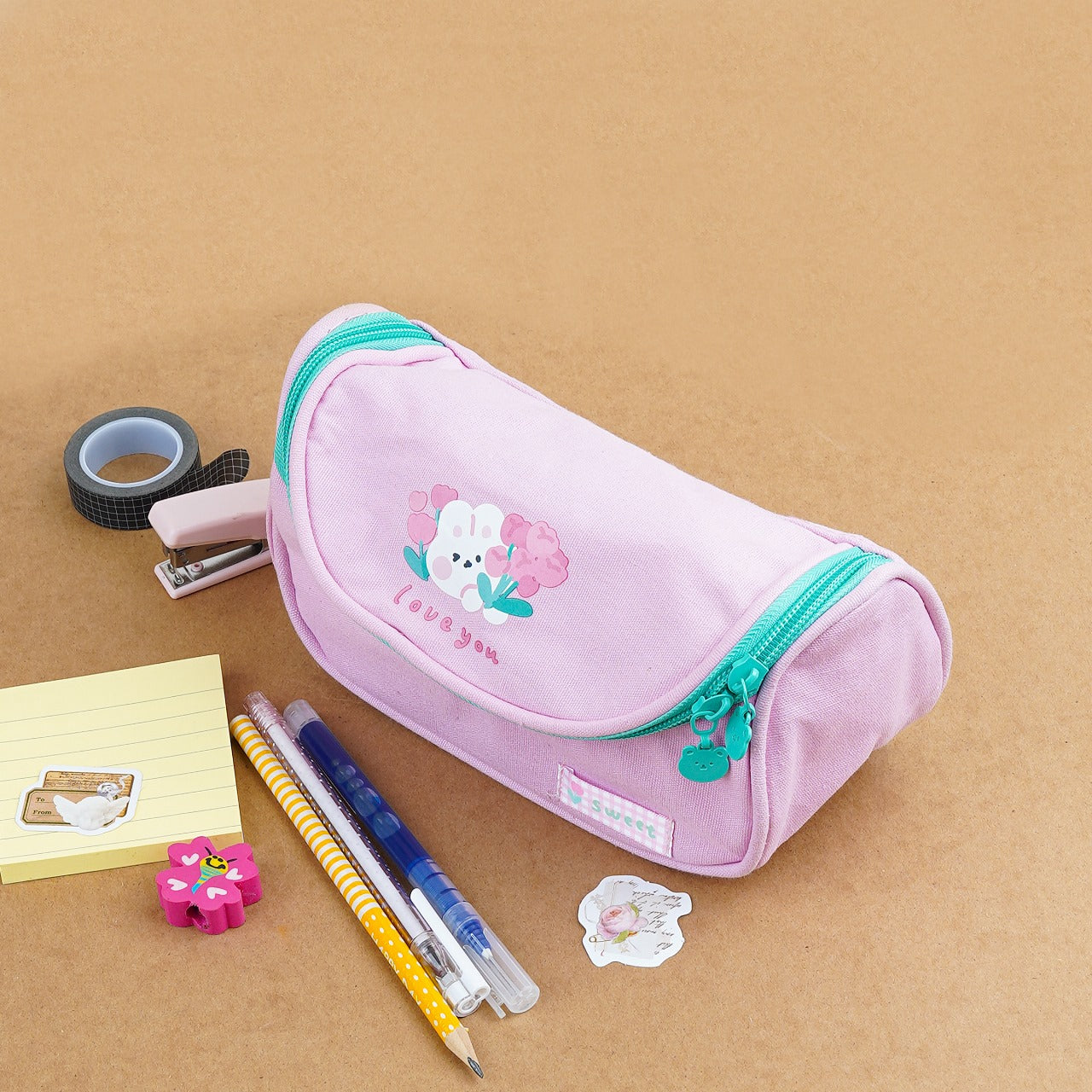Cute Teddy Bear Large Capacity Pouch And Pencil Case - Pink