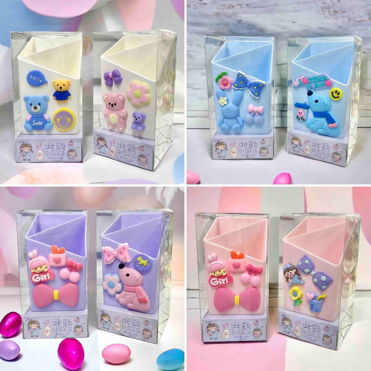 Desktop Plastic Pen Holder With Silicon Brooches