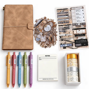 A stationery and journaling kit arranged on a white background, including a tan leather-look notebook, five colored pens, a small notepad, decorative washi tape, and a sheet of planner stickers.