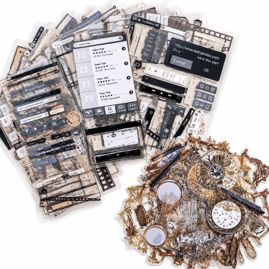 A collection of vintage-themed scrapbooking and journaling stickers arranged on a white background. The stickers feature retro elements such as cassette tapes, watch dials, gears, old typewriter keys, and distressed labels in muted tones of brown, beige, black, and gold.