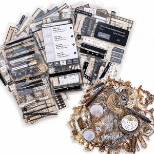 A collection of vintage-themed scrapbooking and journaling stickers arranged on a white background. The stickers feature retro elements such as cassette tapes, watch dials, gears, old typewriter keys, and distressed labels in muted tones of brown, beige, black, and gold.