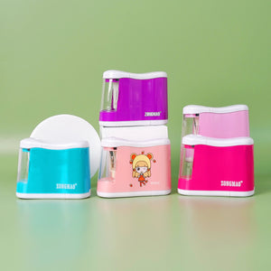 Four battery-operated automatic pencil sharpeners in various colors: blue, purple, white with a cartoon character, and pink.