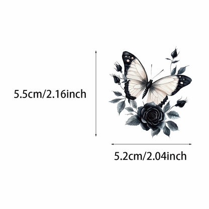 Butterfly and rose design with measurements on a white background