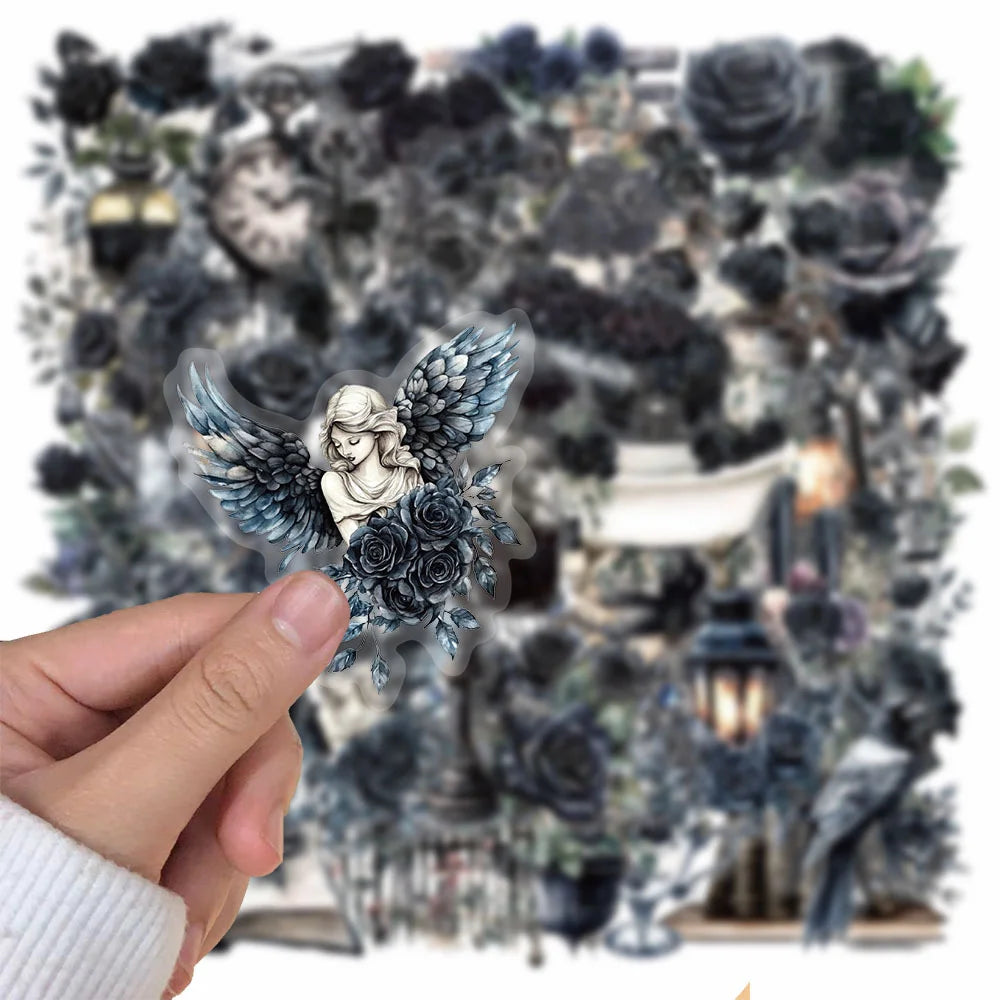 Decorative angel figurine with flowers held in front of a blurred Christmas scene.