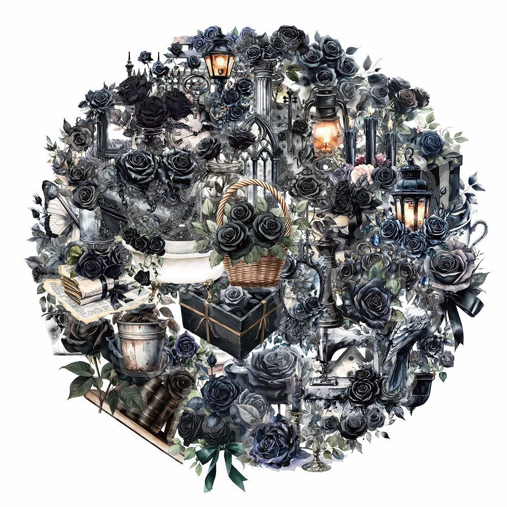 Decorative wreath with black roses, candles, and other elements on a white background