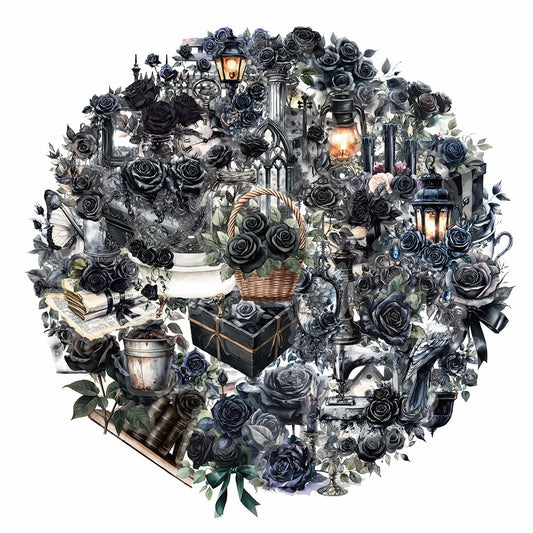 Decorative wreath with black roses, candles, and other elements on a white background